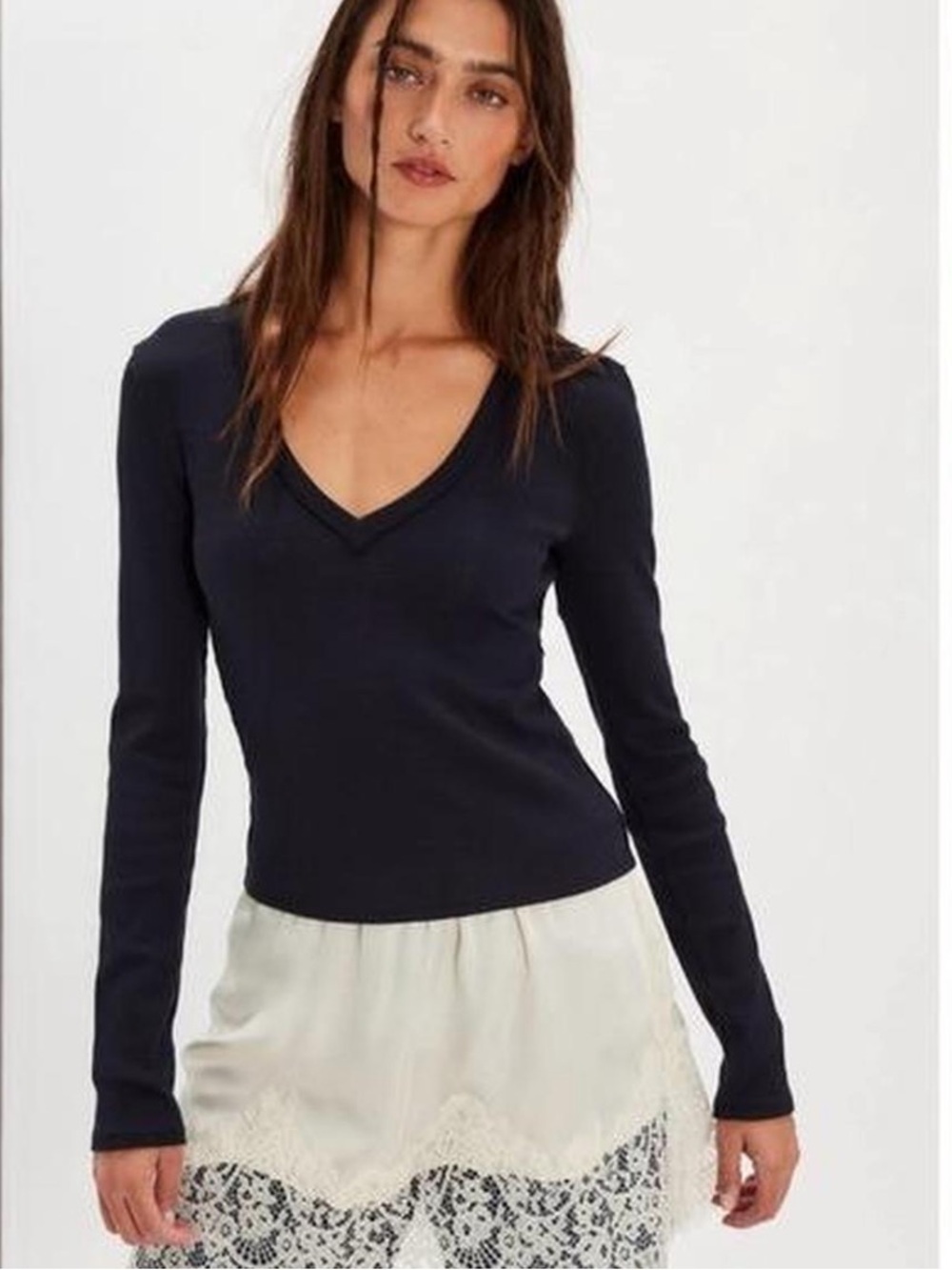 Free People Intimately Black Ribbed Deep V Neck Long Sleeve Top Size M Y2K